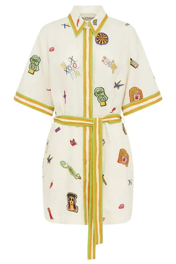 Britt – Einzigartiges, bedrucktes Minikleid aus Leinenmischung mit kurzen Ärmeln, Taschen und Bindegürtel