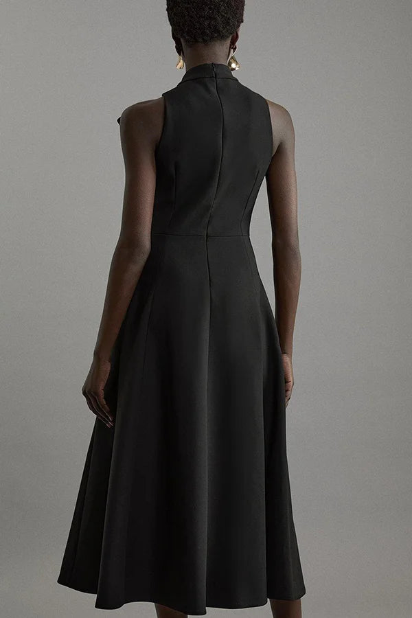 Stilvolles und klassisches, einzigartiges ausgestelltes Midikleid mit Fliege und Taschen