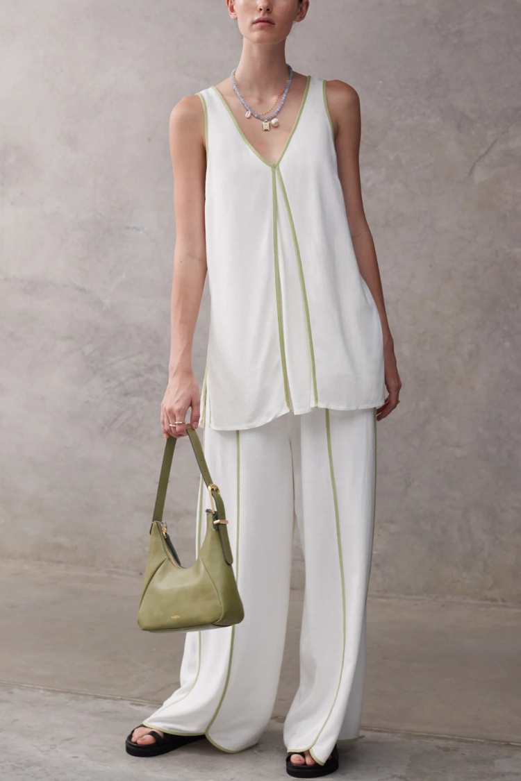 Vera A-Linien-Tanktop mit kontrastierenden Paspeleinsätzen und Hose mit weitem Bein und elastischer Taille