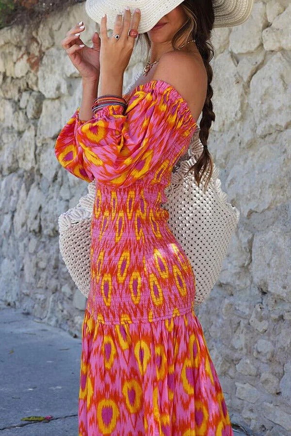 Venita – Einzigartiges, bedrucktes, schulterfreies, gesmoktes Midikleid mit Ballonärmeln