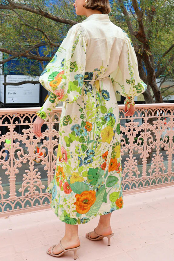 Sommerparty-Midikleid mit Blumendruck, Ballonärmeln, Taschengürtel und Hemd