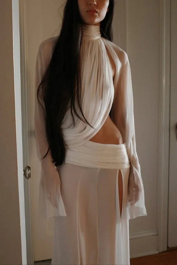 Sexy See-through High-neck Long-sleeved Draped Top and High-waisted Slit Maxi Skirt Vacation Set