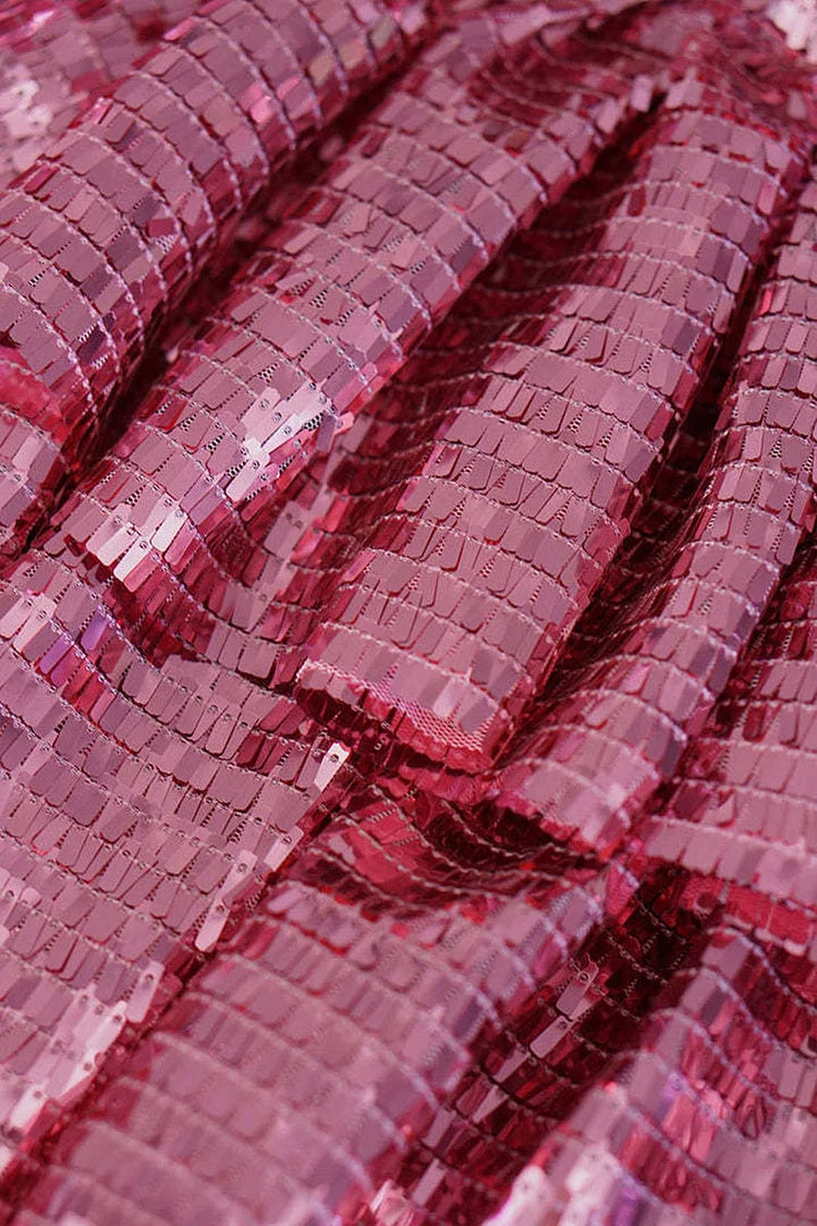 Pailletten-trägerloses Schleifen-Ausschnitt-A-Linien-Minikleid mit Rüschen für Geburtstagsfeiern - Fuchsia