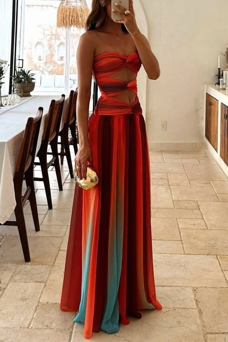 Sardinia Sunset – Schulterfreies Urlaubs-Maxikleid mit Netzstoff und Twist-Ausschnitt