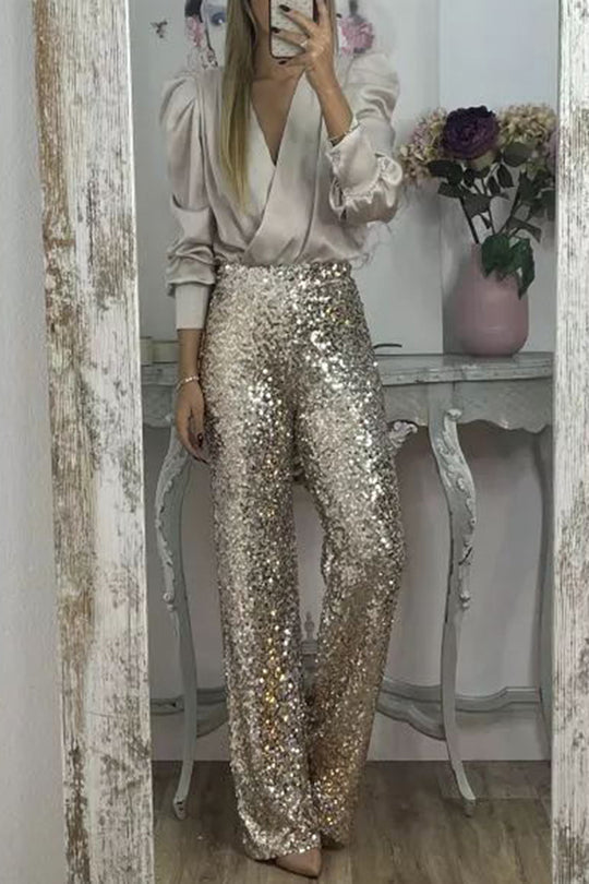 Glitzernde Glamour-Paillettenhose mit hohem Bund und weitem Bein