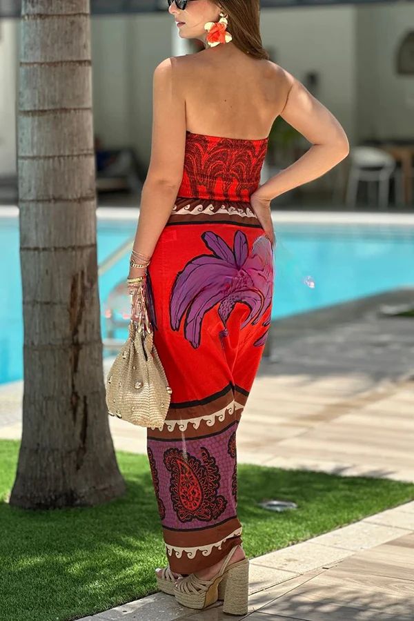 Sexy, dehnbares Tube-Top mit botanischem Blumendruck, hoher Taille und Schlitz im Maxikleid