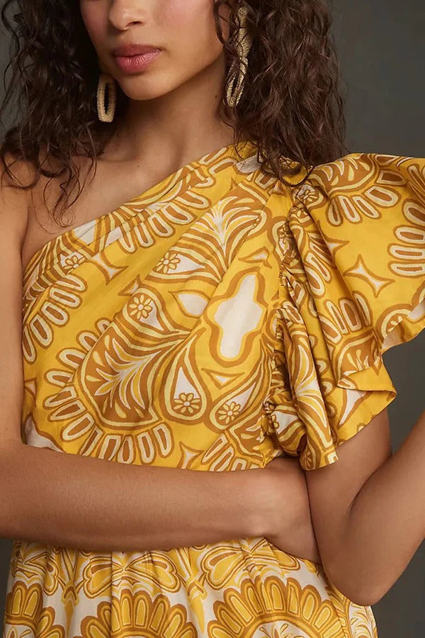 Robe longue asymétrique à volants et imprimé unique Exquisite Dream