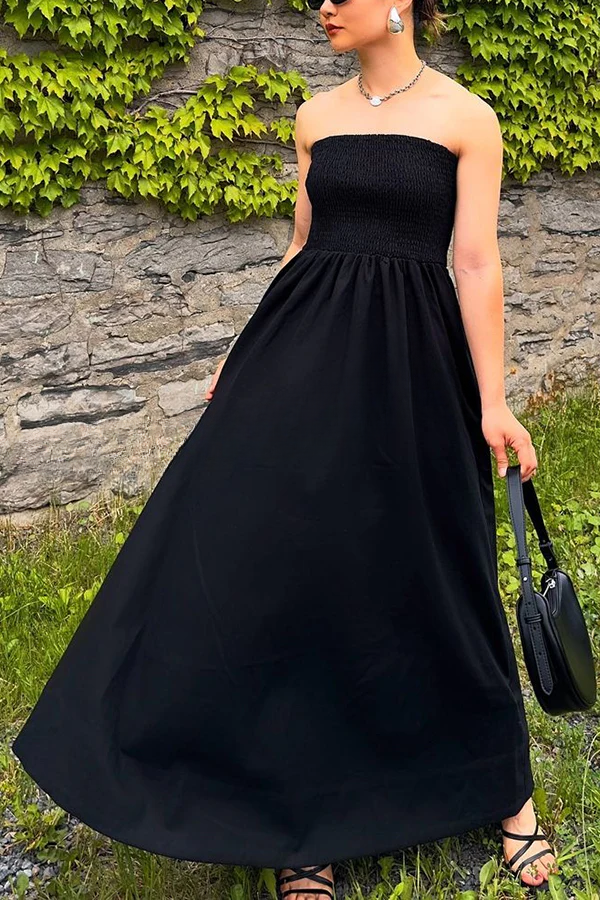 Robe longue plissée élastique sans manches à épaules dénudées de style rétro