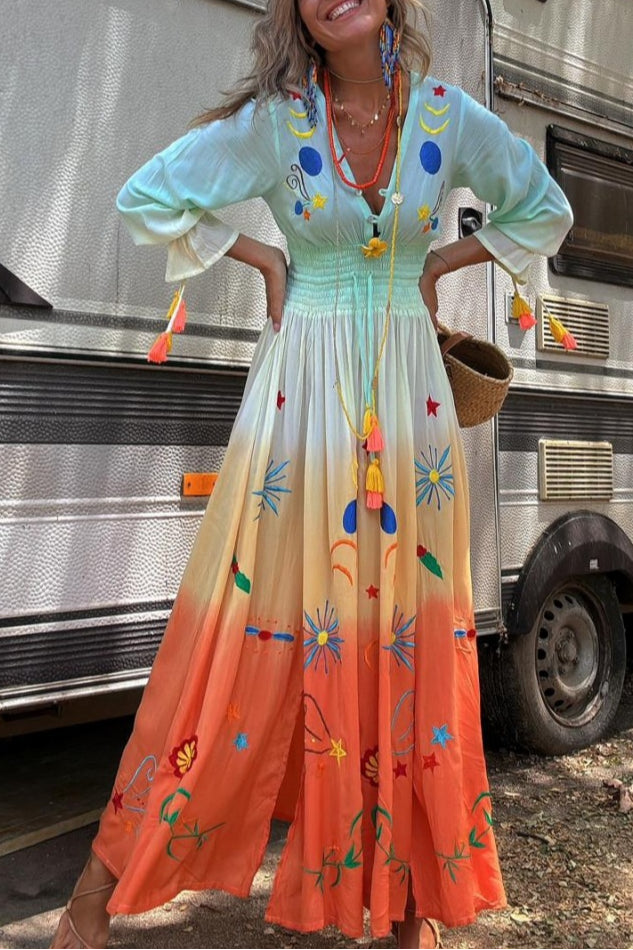 Robe longue à franges et taille élastique à imprimé dégradé Gigi