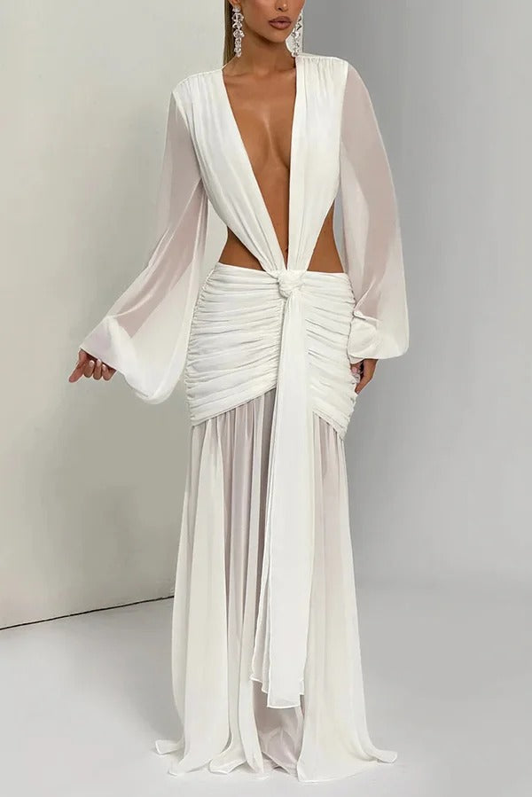 Deep Memories Chiffon Balloon Sleeve Cutout Ruched Drape Maxi Dress