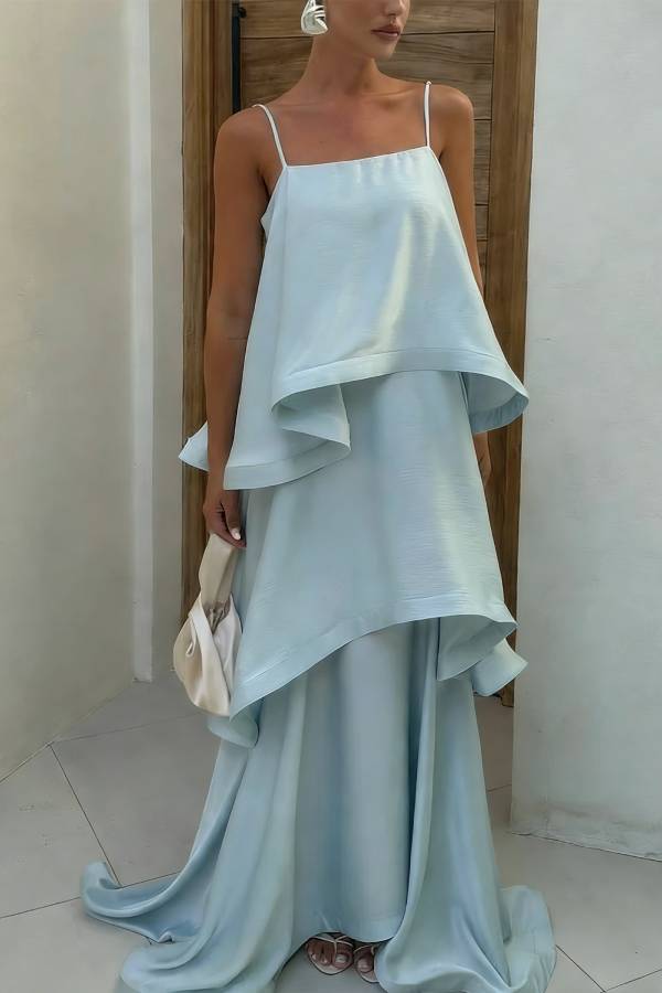 Soft and Smooth Satin Tiered Slip Square Neck A-line Maxi Dress