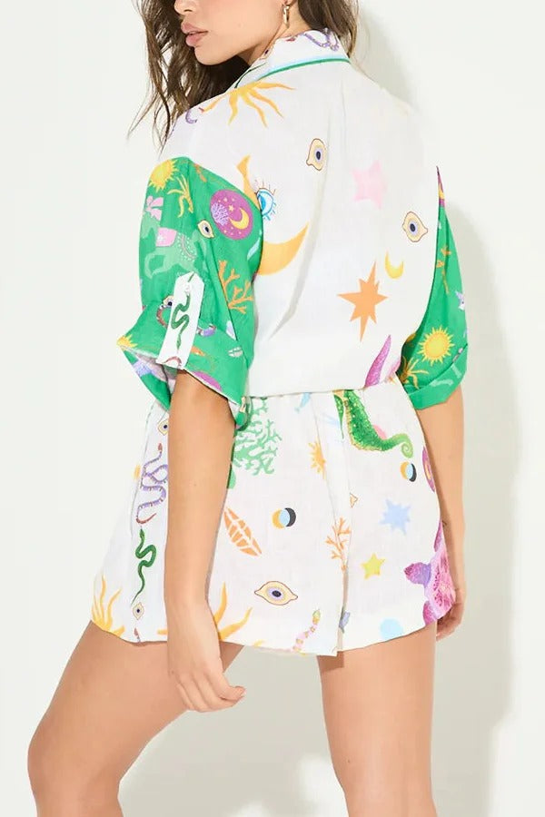 Ensemble très attendu en mélange de lin, chemise ample à boutons et imprimé unique, et short à poches à taille élastique