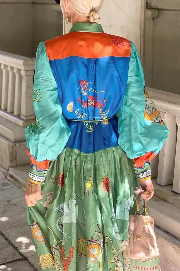 Puts A Smile – Midikleid mit einzigartigem Print, Revers und Laternenärmeln sowie Taillenschnürung