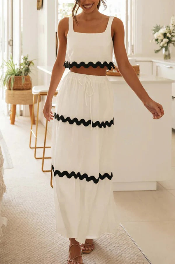 Ärmelloses, kurzes Tanktop mit Napa-Zickzack-Besatz und Maxirock mit Tasche und elastischer Taille mit Kordelzug