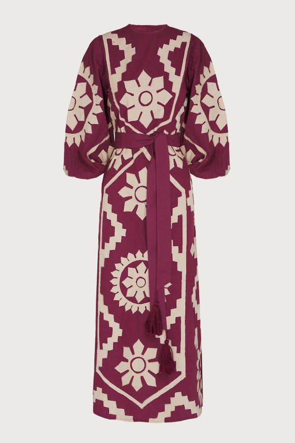 Midikleid mit Puffärmeln und Retro-Folk-Blumendruck