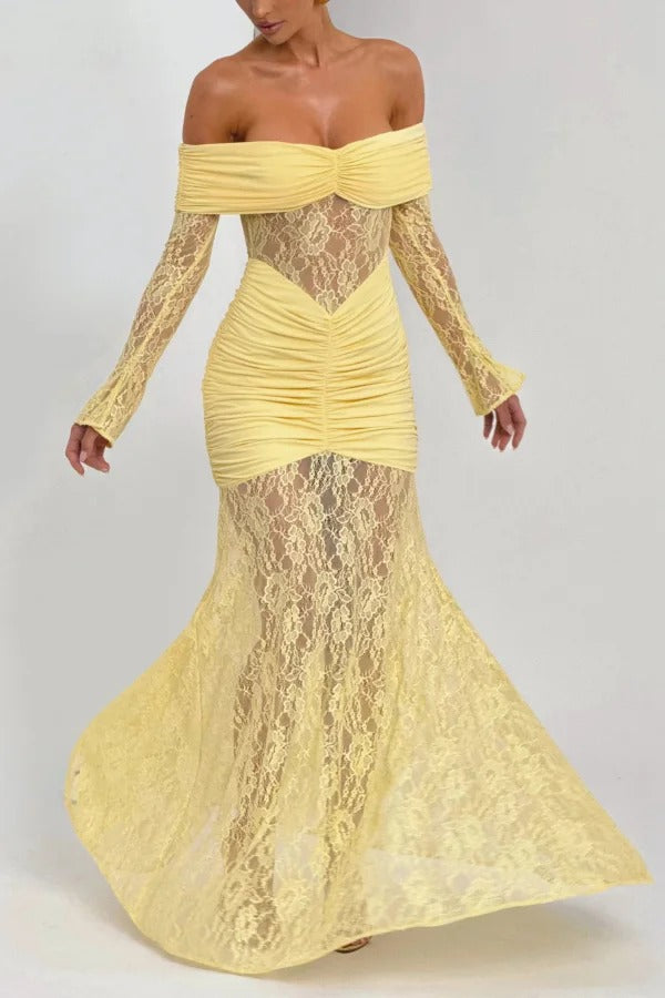 Solid Color Patchwork Lace Off-shoulder Long-sleeved Pleated Slim-fit Maxi Dress