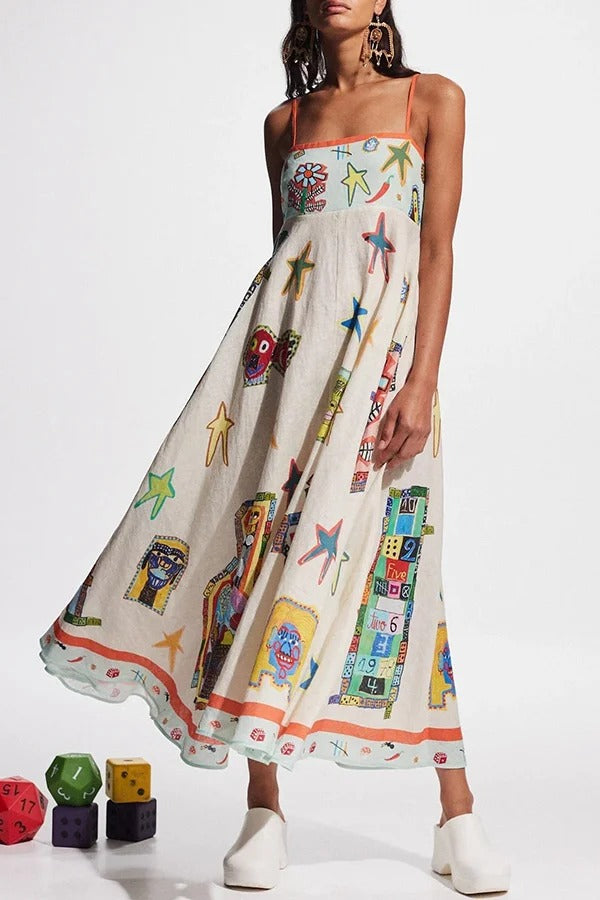 Miami Happy Hour – Midikleid aus Leinenmischung mit einzigartigem Aufdruck, gesmokten Rückentaschen