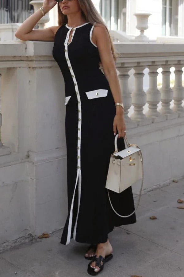 Elegantes Slim Fit Rundhalsausschnitt Ärmelloses Midi-Strickkleid mit Knöpfen