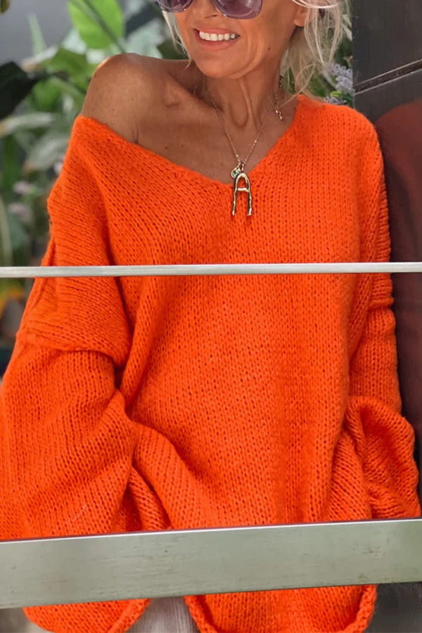 Pull tricoté à manches longues et col en V patchwork tendance
