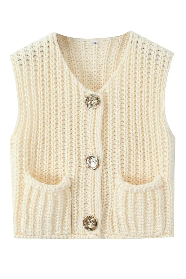 Einfarbige ärmellose Strickweste mit Tasche
