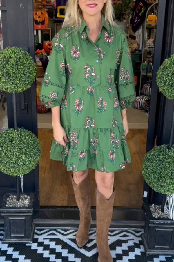 Dark Green Floral Print Collared Shirt Dress