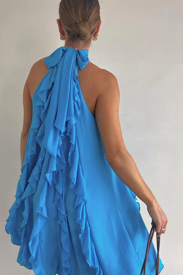 Oh So Sweet – Hochgeschlossenes, plissiertes A-Linien-Minikleid aus Chiffon mit Rüschen