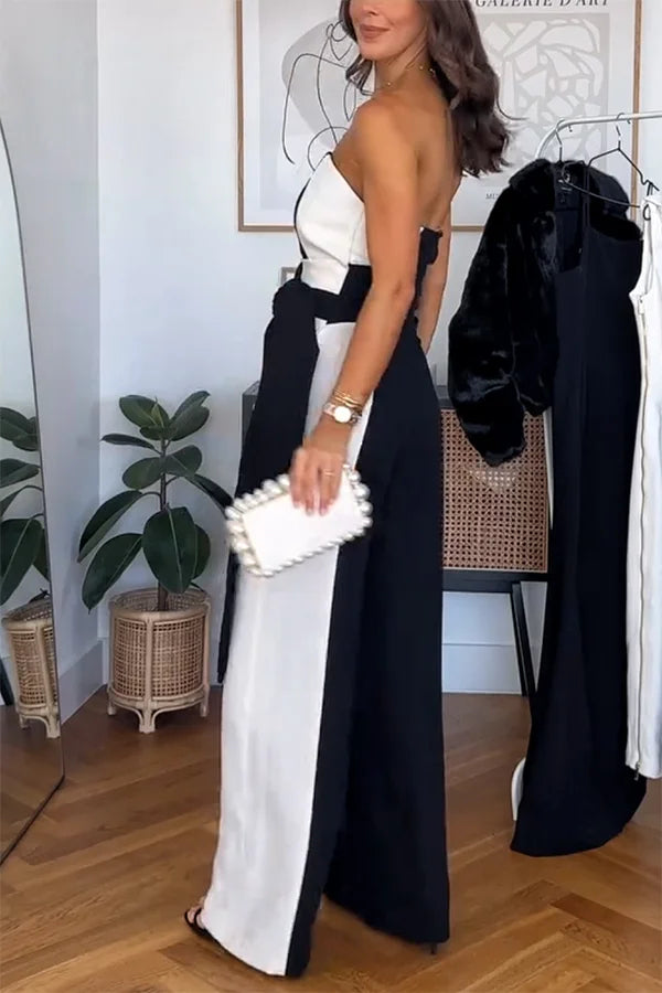 Modischer, formeller Bandeau-Jumpsuit mit weitem Bein und Farbblockdesign