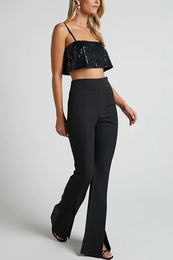 Suri Stretchhose mit hohem Bund und Schlitz vorne am Stiefelbein