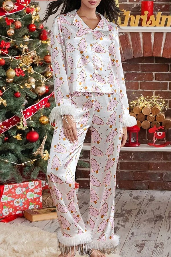 Pyjama-Set mit Weihnachtsdruck, Federbesatz, elastischer Taillentasche