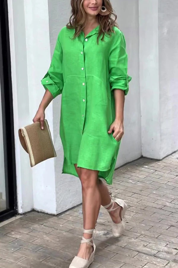 Einfarbiges, langärmliges Minikleid im Button-Down-Hemdstil aus Leinenmischung