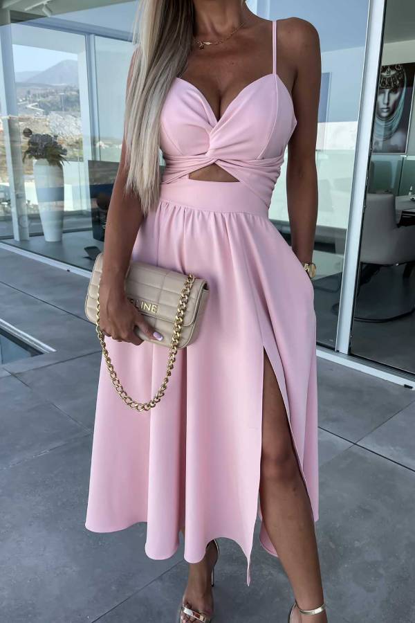 Deep V hollow large skirt slit suspender dress