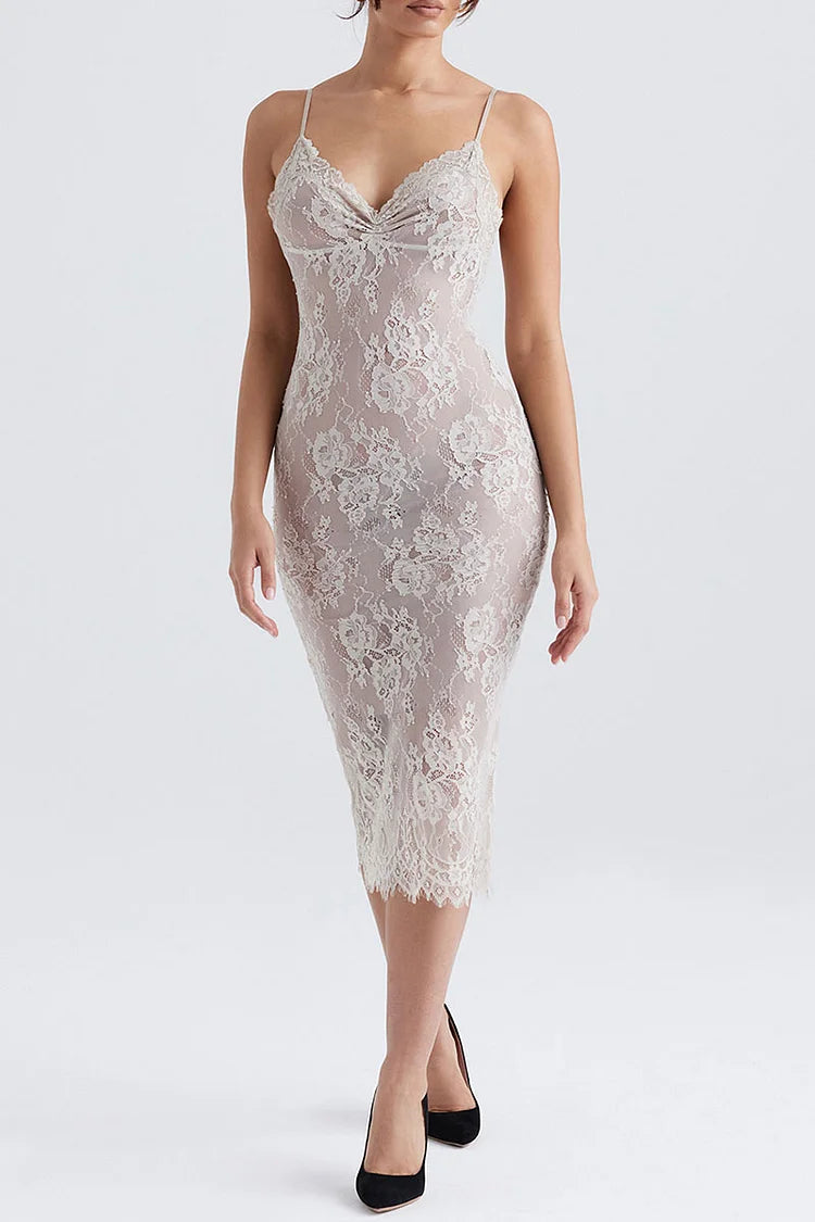 Floral Lace Slip V-Ausschnitt Rückenfreie Cocktail Party Midikleider