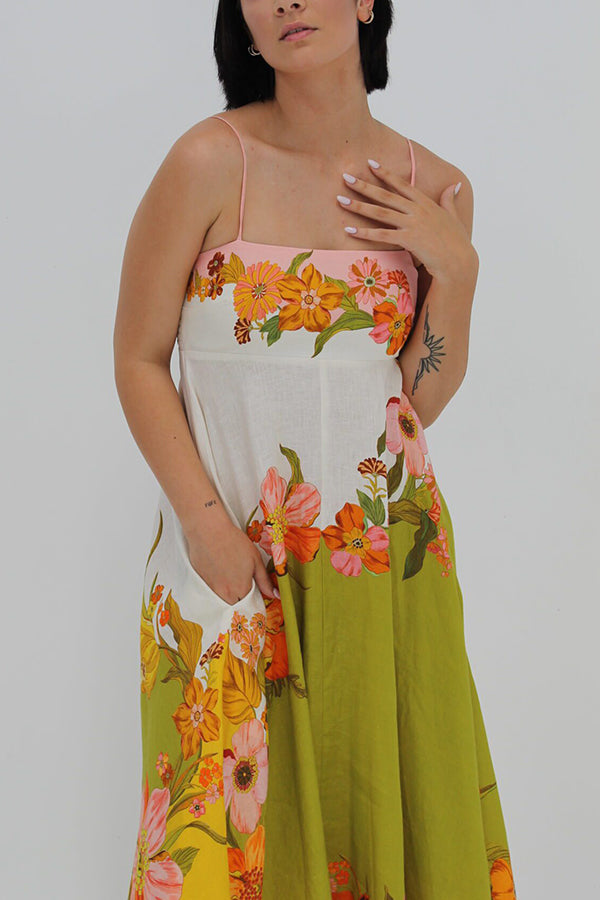 Robe longue Malakai en lin mélangé à imprimé floral contrasté et poches smockées dans le dos