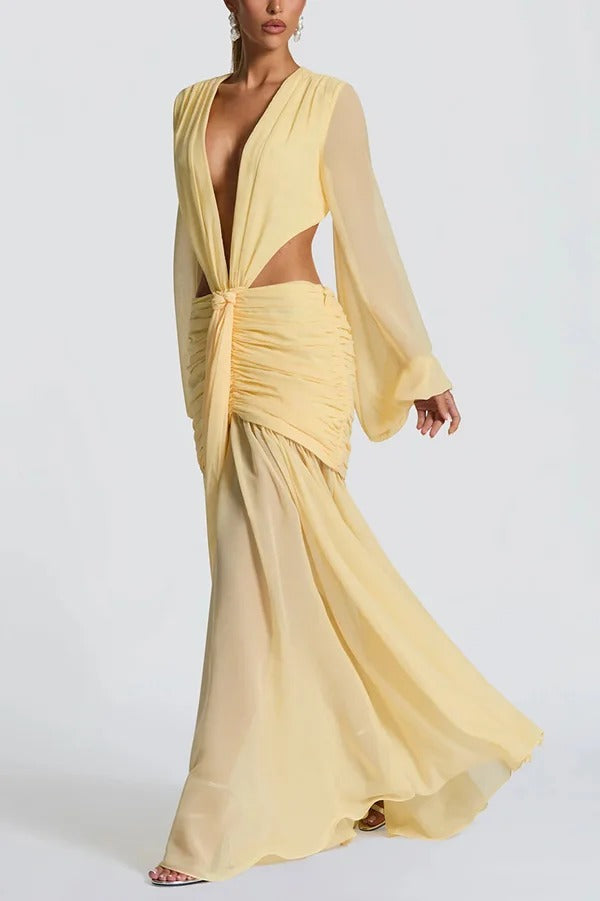 Deep Memories Chiffon Balloon Sleeve Cutout Ruched Drape Maxi Dress