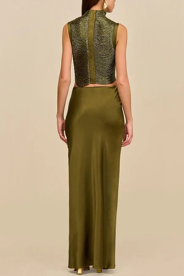 Keep Polished Satin High Rise Bias Cut Drape Maxi Skirt