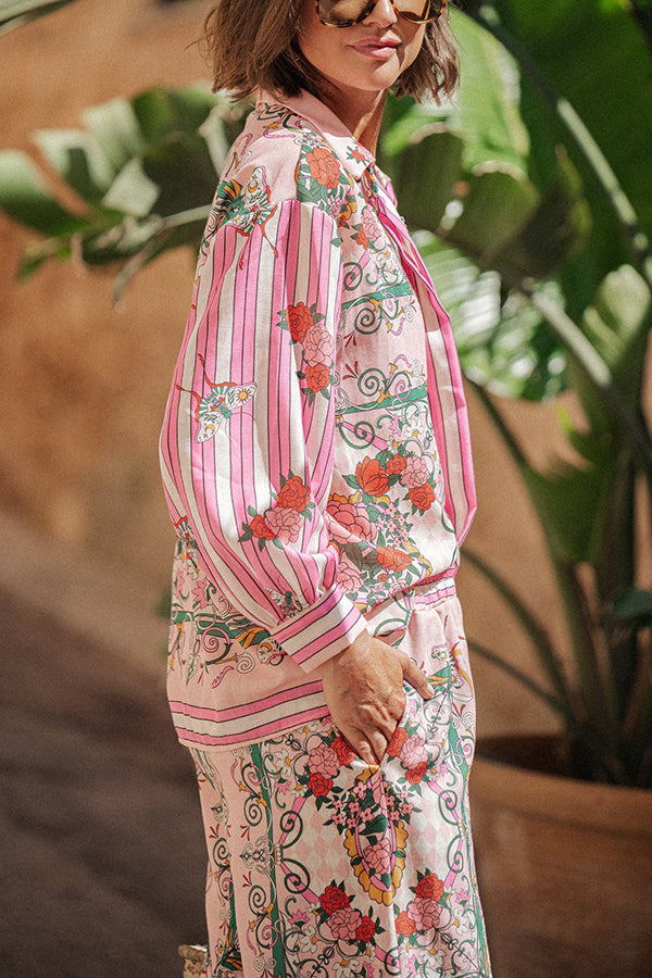 Set mit lockerer Bluse mit Blumenmuster und Taschen und elastischer Taille