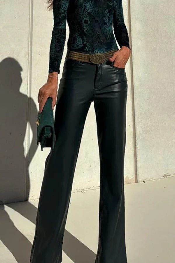 Pantalon droit extensible élégant en similicuir avec poches