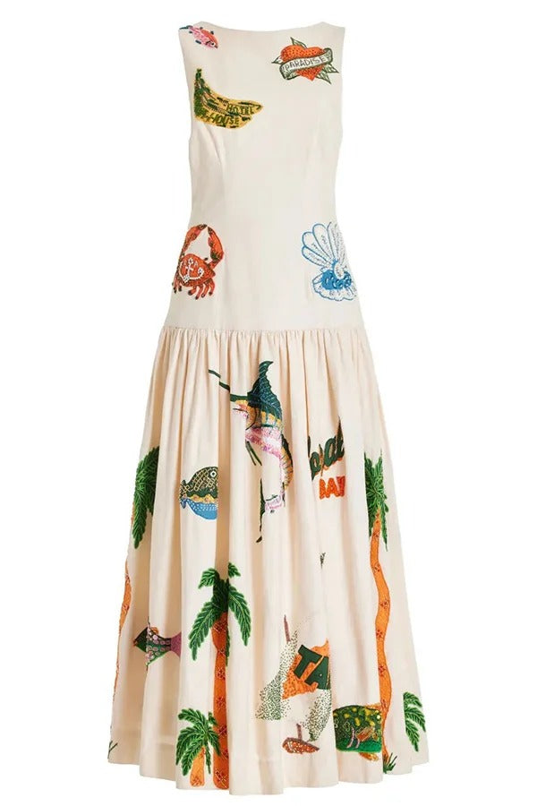 Chic Couture – Rückenfreies Midikleid mit einzigartigem Aufdruck und gerafftem Saum