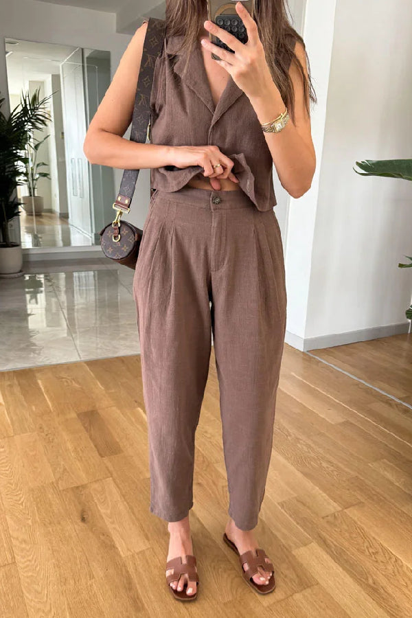 Ensemble deux pièces décontracté en coton et lin avec gilet et pantalon à revers uni