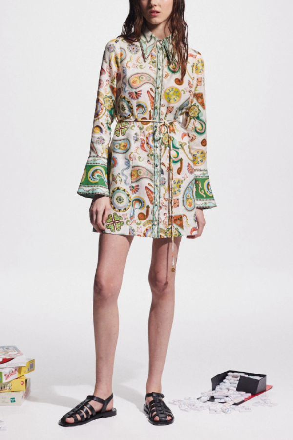 Mila Minikleid aus Leinenmischung mit einzigartigem Druck, geformtem Kragen und Bindegürtel in der Taille