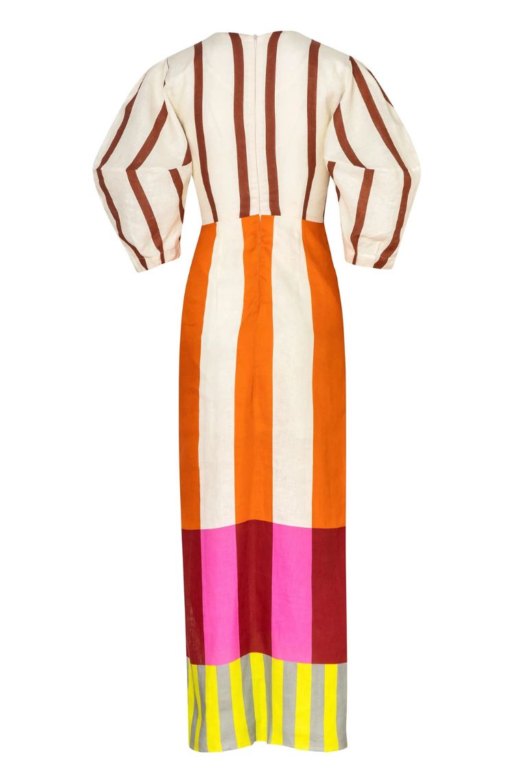 Robe longue Kaya en lin mélangé à imprimé blocs de couleurs, découpe sur le devant, manches bouffantes et nœud