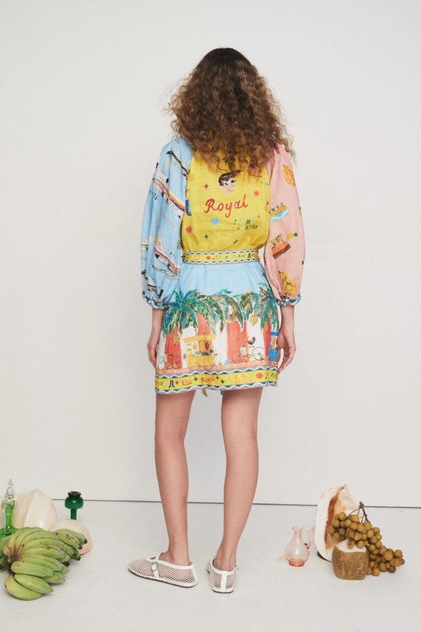 Leinenmischung Einzigartiger Druck Ballonärmel Gürteltasche Minihemdkleid