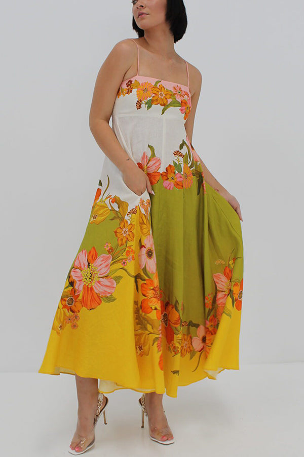 Robe longue Malakai en lin mélangé à imprimé floral contrasté et poches smockées dans le dos