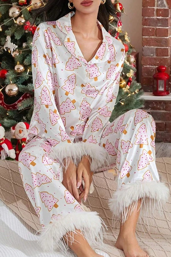 Pyjama-Set mit Weihnachtsdruck, Federbesatz, elastischer Taillentasche