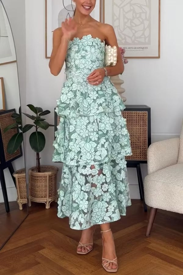 Cocktail Events 3D Embroidery Floral Detail Off Shoulder Tiered Hem Maxi Dress