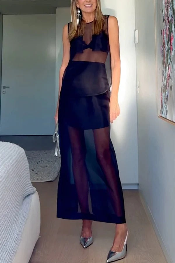 Ensemble débardeur oversize à poches en organza transparent moderne et jupe midi fendue taille haute