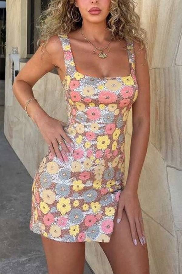 Sequined Flower Sexy Square Neck Slim Fit Mini Dress