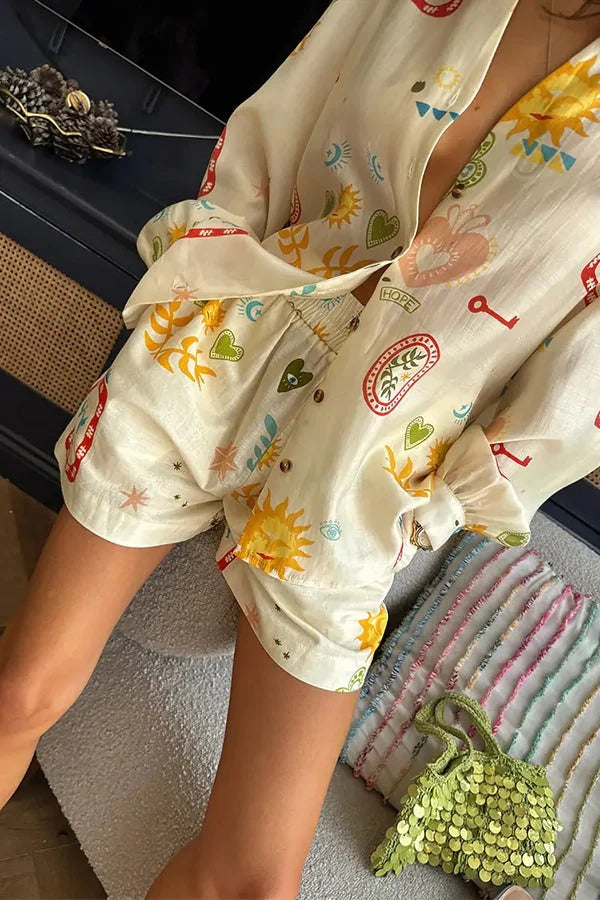 Lustiges Urlaubsset mit einzigartigem Aufdruck, Langarmhemd und lockerer Shorts-Tasche mit elastischer Taille
