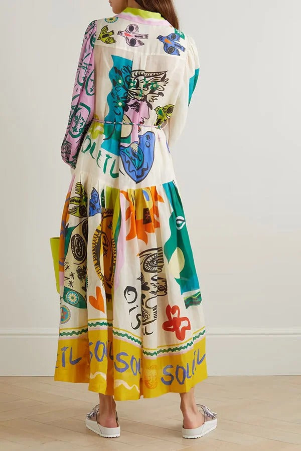 Boldness and Art – Patchwork-Hemd-Midikleid mit einzigartigem Druck und Ballonärmeln