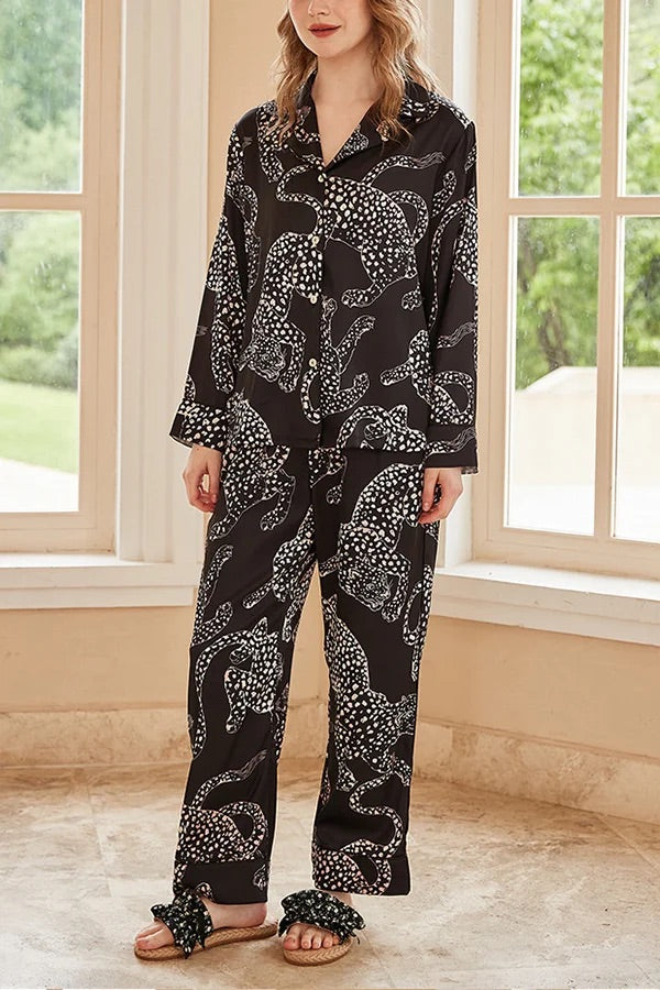 Schwarzes, langärmliges Home-Zweiteiler-Set mit Jaguar-Print